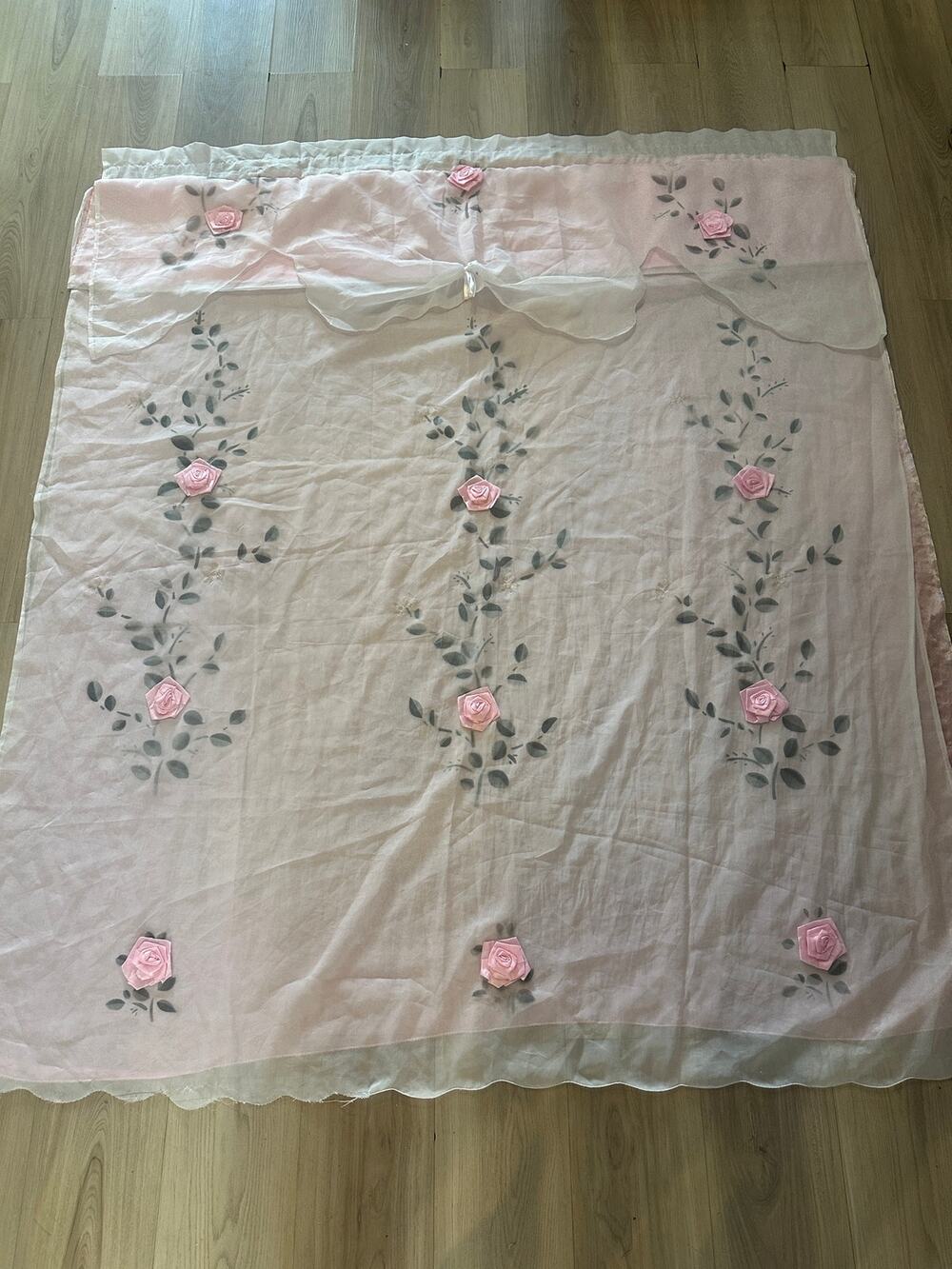 Pink Sheer Chiffon Ribbon Rose Embroidery Window Curtain Panel with Valance